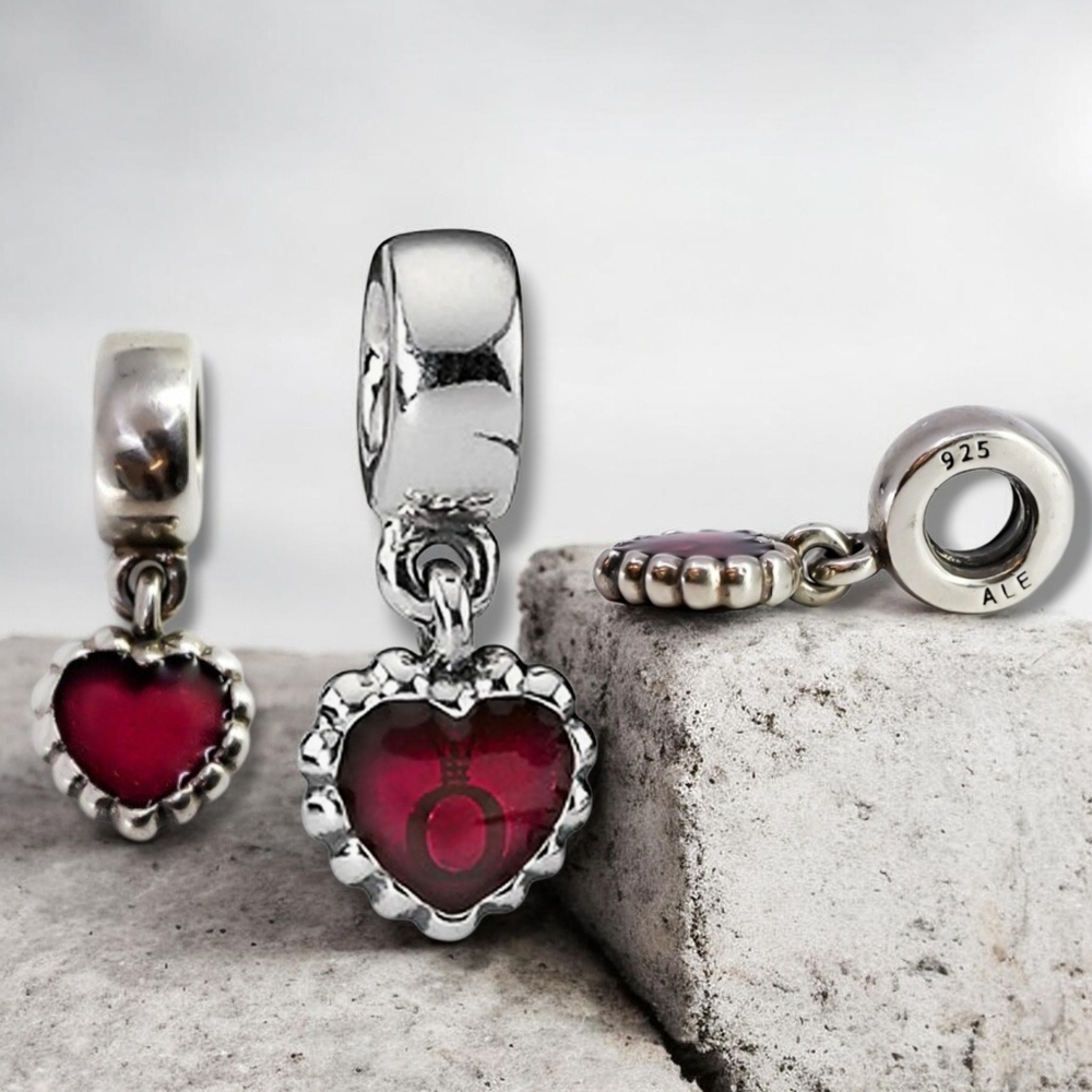 PANDORA Sterling Silver Forever Red Enamel Beaded Heart Dangle Charm Retired